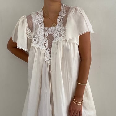 90s silk peignoir matching set / vintage white sheer silk maxi long slip dress nightgown + matching maxi robe peignoir | Medium 