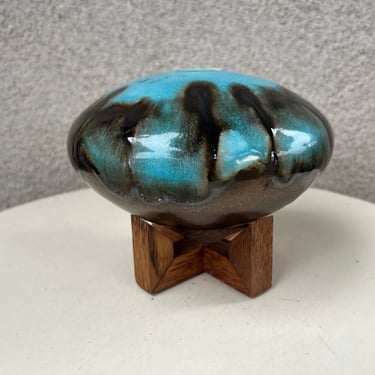 Vintage studio art pottery weed pot with wood stand signed 