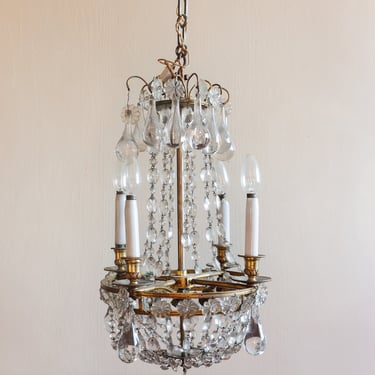 vintage French Empire crystal and brass basket chandelier with Murano glass drops