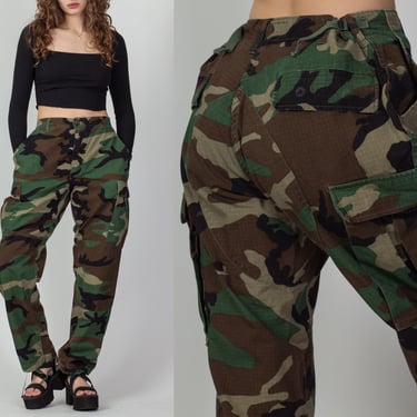 Vintage High Waist Camo Cargo Pants - 27"-34" | 80s 90s Unisex Military Camouflage Army Field Trousers 