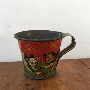 Vintage Tin Litho Cat Cup, German Child's Small Toy Cup Picturing Cats, Made In Germany 