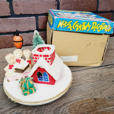 Vintage Mid Century Musical Revolving Village Scene Musical Christmas Decoration with Original Box 