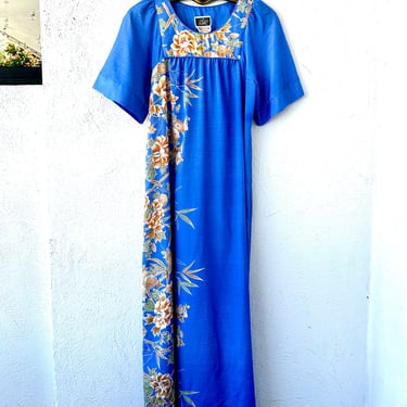 Vintage McInerny Hawaii Muumuu // Blue Boho Floral Aloha Hawaiian Caftan 70s 80s Dress 