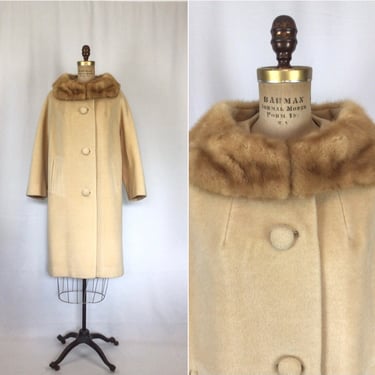 Vintage 50s coat | Vintage blonde mohair coat with mink collar | 1950s Dumas wool overcoat with fur collar 