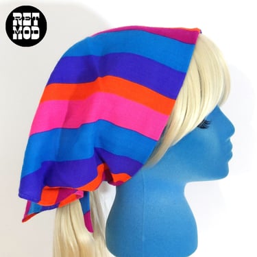 NWOT Vintage 60s 70s Bright Pink Blue Orange Stripe Head Scarf 