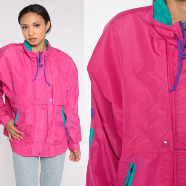 Neon Windbreaker Jacket 80s Hot Pink Zip Up Jacket Retro Sportswear Warmup Track Jacket Warmup Sports Coat Streetwear Vintage 1980s Large L 