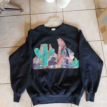 Vintage 90s wearable Art Sweatshirt Appliqued Southwest Scene Cactus/Coyote  XL/L 