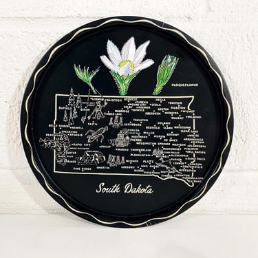 Vintage Metal South Dakota Drink Tray Plate Souvenir Retro Round Mid-Century Barware Black White Bar Pasqueflower 