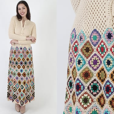 Neiman Marcus Granny Square Hand Knit Dress, Vintage Designer Geometric Crochet Quilt Dress, Long Sheer Patchwork Bohemian Long Gown 
