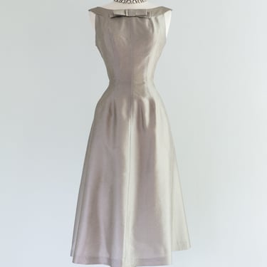 Elegant 1950's Pewter Silk Cocktail Dress / Small