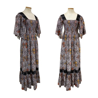 Vtg 70s Woodstock Era Dark Floral Black Flutter Sleeve Smocked Boho Maxi Dress 