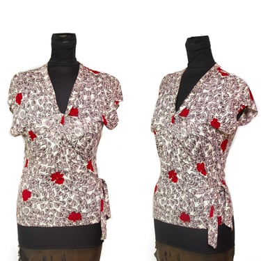 1940s Blouse ~ Red Flower and Grey Leaf Rayon Jersey Top 