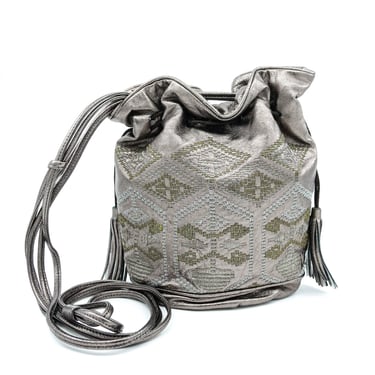 Embroidered Metallic Leather Bucket Bag