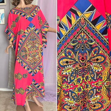 FABULOUS Caftan Maxi Dress, Neon Print, Paisley Psychedelic, Sears Kaftan 60s 70s 