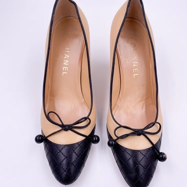 Chanel Beige Pump with Black Quilted Toe 
