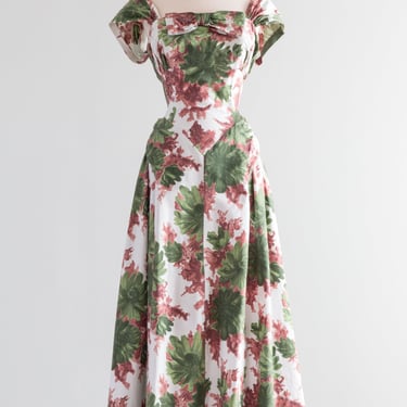 Luscious Late 1940's Cotton Floral Formal Gown / Medium