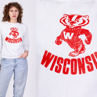 80s University Of Wisconsin Sweatshirt - Petite Small | Vintage Bucky Badger Graphic College Raglan Sweatshirt 