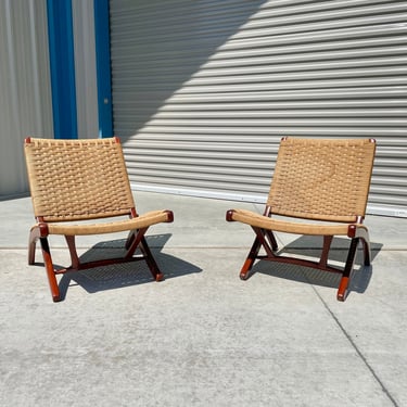 1960s Vintage Folding Rope Lounge Chairs Styled After Hans Wegner - a Pair 