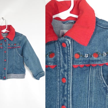 Vintage 90s Kids Snap Button Denim Jacket With Embroidered Flowers And Apples Size 24M/2T 