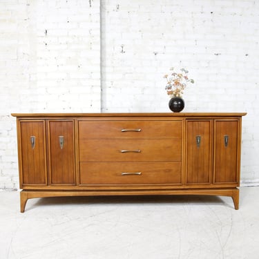 Vintage MCM 9 drawer cherry wood dresser with sculptural details | Free delivery in NYC and Hudson Valley areas 