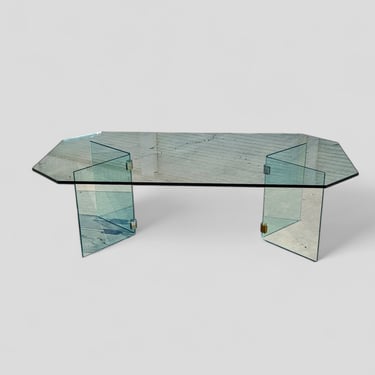 Postmodern Glass Coffee Table, Pace Collection, c. 80s, Rectangular, Mid Century, Living Room, Brass Details 