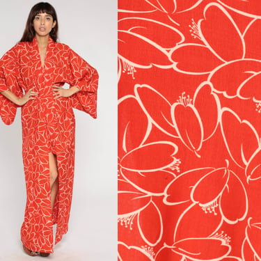 70s Kimono Red Orange Floral Print Maxi Jacket Raw Silk Japanese Full Length Robe Asian Boho Hippie Vintage 1970s Small Medium Large 