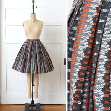 vintage 1950s full cut cotton skirt • basket weave rattan pattern summer skirt 