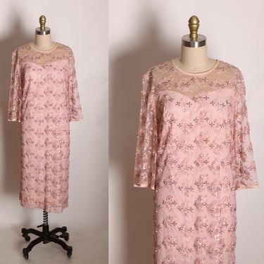 1960s Sheer Pink Lace Sequin Beaded 3/4 Length Sleeve Volup Shift Dress by Baronessa -2XL 
