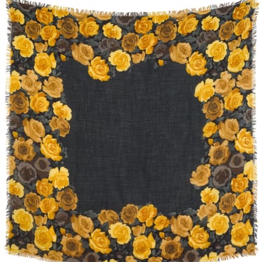 Charles Jourdan 1980s Rose Print Vintage Dark Green Wool Shawl 