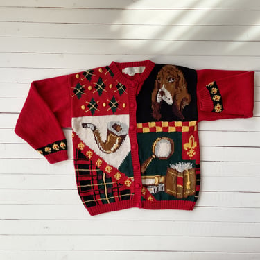 embroidered sweater 90s vintage The Eagle's Eye Sherlock Holmes dark academia red cardigan 