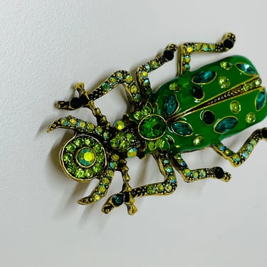 Modern Green Rhinestone Beetle Brooch