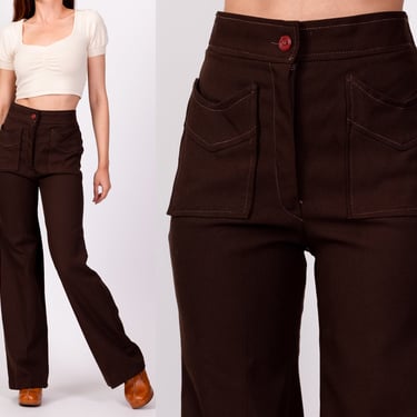 70s Chocolate Brown Western Pocket Pants - Extra Small, 24.5"-26" | Vintage Elastic Waist Straight Leg Retro Trousers 