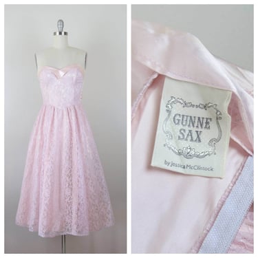 Vintage 1980s Gunne Sax dress, party, formal, prom, strapless, pink lace, fit and flare, full skirt 
