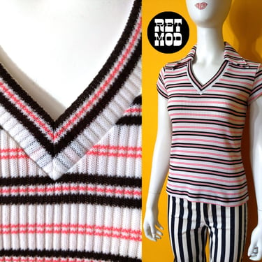 Cool Vintage 60s 70s White Red Black Stripe Short Sleeve Top with Collar 