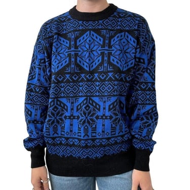 Vintage Mens Obermeyer Blue Geometric Retro Snowflake Wool Blend Ski Sweater 