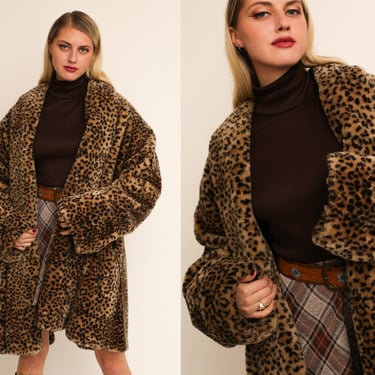 Vintage 1980s 80s Faux Fur Leopard Oversized Dramatic Lapel Mid Length Swing Coat 