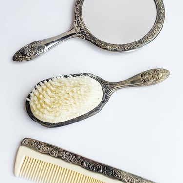 Vintage Silver Comb, Brush, and Mirror Set