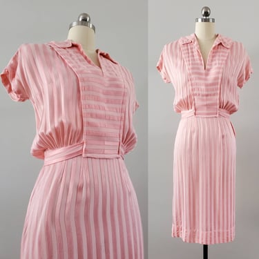1940s Pink Dress with Attached Belt 40s Day Dress 40's Pinup Dress Women's Vintage Size Small/Medium 