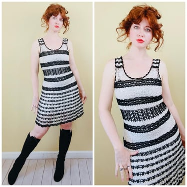 Y2K Vintage BCBG Black and White Striped Dress / Gorgeous Rayon Crochet Tank Dress / XS 