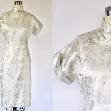 1960s Jacquard White and Metallic Silver Cheongsam Sheath Dress - Vintage 60s Cocktail Party Dress - Medium 
