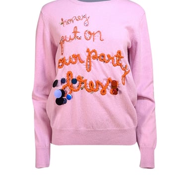 Lingua Franca - Lilac Cashmere Sweater w/ Embroidered Script Sz L