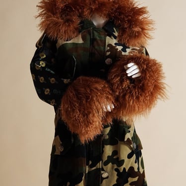 F/W 1994 Complice by Dolce & Gabbana designer camo fleece coat with brocade sleeves and real Mongolian fur trim 