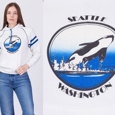 80s Seattle Orca Hoodie - XS to Small | Vintage Killer Whale White Blue Striped Hooded Tourist Pullover 