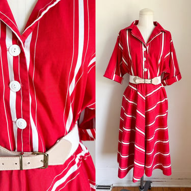 Vintage 1980s Red and White Striped Shirt Dress / L 