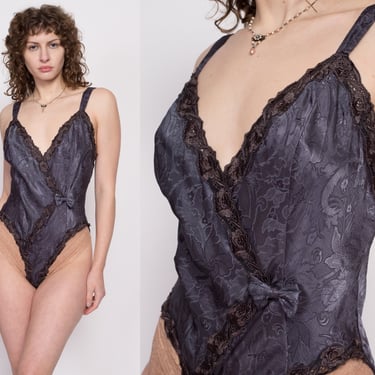 90s Charcoal Grey Satin & Lace Lingerie Teddy - Medium | Vintage New Old Stock Victoria's Secret High Hip One Piece Sexy Bodysuit 