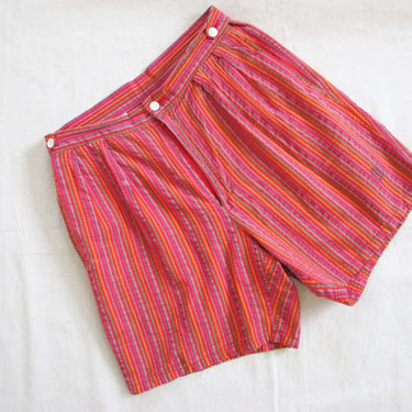 Vintage 90s Red High Waist Pleated Shorts 30 M - 1990s Vertical Stripe Multicolor Crinkle Texture Preppy Long Shorts 