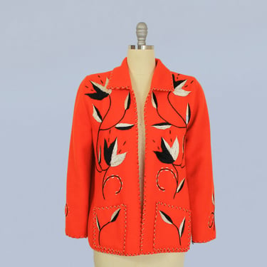 1940s Jacket / 40s Mexican Tourist Jacket / Bright ORANGE Wool / Black and White Botanical Embroidery 