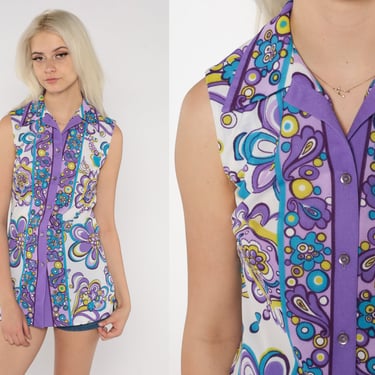 70s Tank Top Psychedelic Floral Shirt Retro Hippie Blouse Groovy Flower Power Boho Shirt Sleeveless Button Up Purple Vintage 1970s Small S 