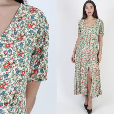 90s Calico Flower Print Dress, 1990s Medium Grunge Festival Outfit, Vintage Berry Fruit Duster Sweeping Maxi 