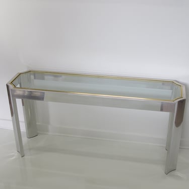 1970s Aluminum and Brass Glass Top Console Sofa Table